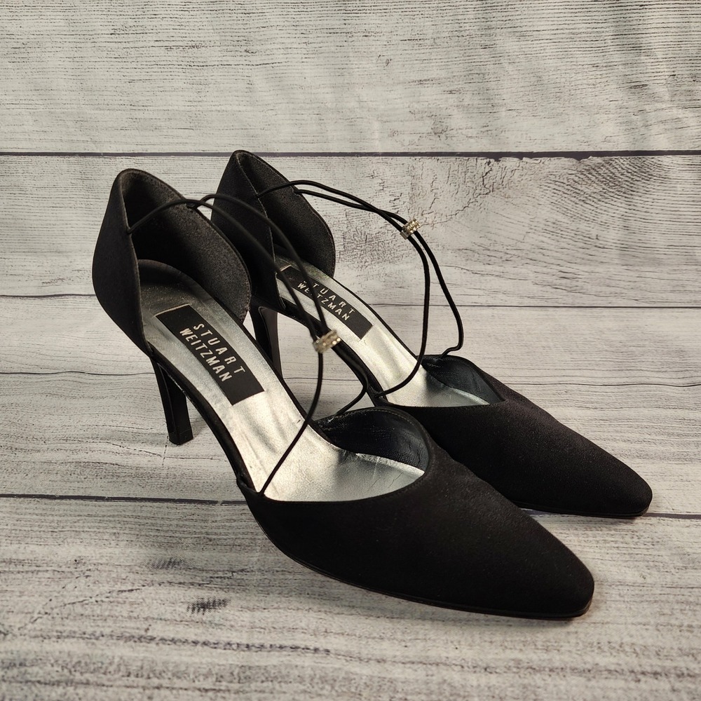 Stuart Weitzman Black Satin Rhinestone D'Orsay Pumps Heels 7.5 15140 Spain